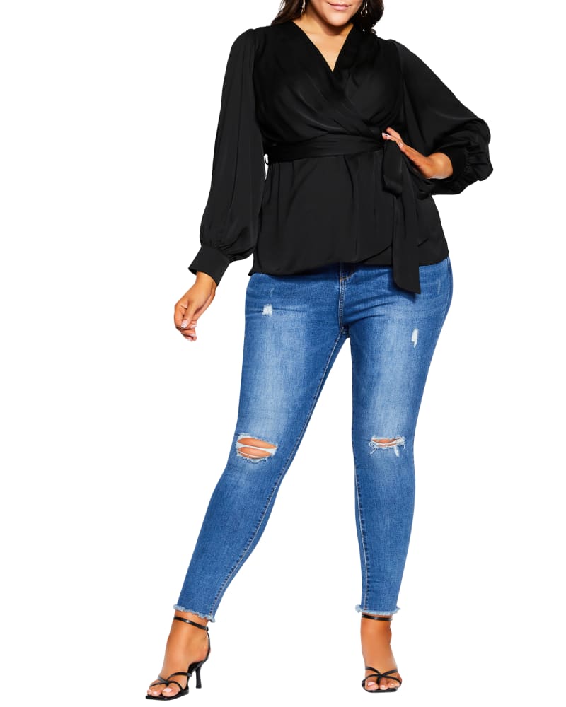 Front of a model wearing a size XS Diana Opulent Hi-Lo Top in Black by City Chic. | dia_product_style_image_id:233448